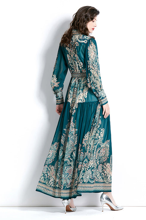 Bright & Elegant Paisley Pattern Long Puff Sleeve, Mock Neck Belted, Women's Long Modest Holiday, Party, Evening, Festive Maxi Dress